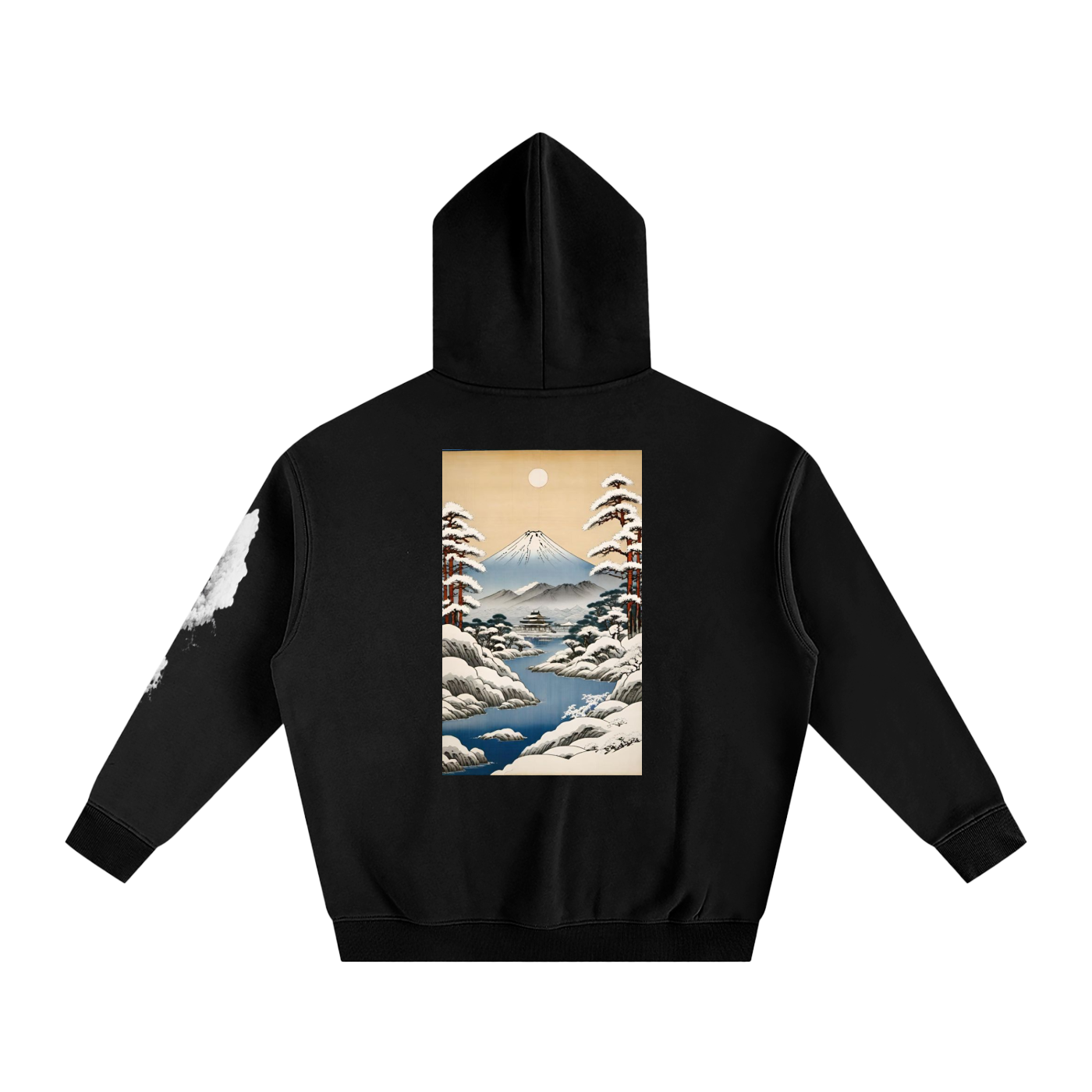 Snowy Ukiyo-e Scene Black Pullover Hoodie with Sleeve Detail