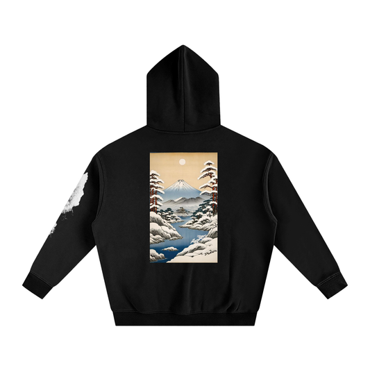 Snowy Ukiyo-e Scene Black Pullover Hoodie with Sleeve Detail