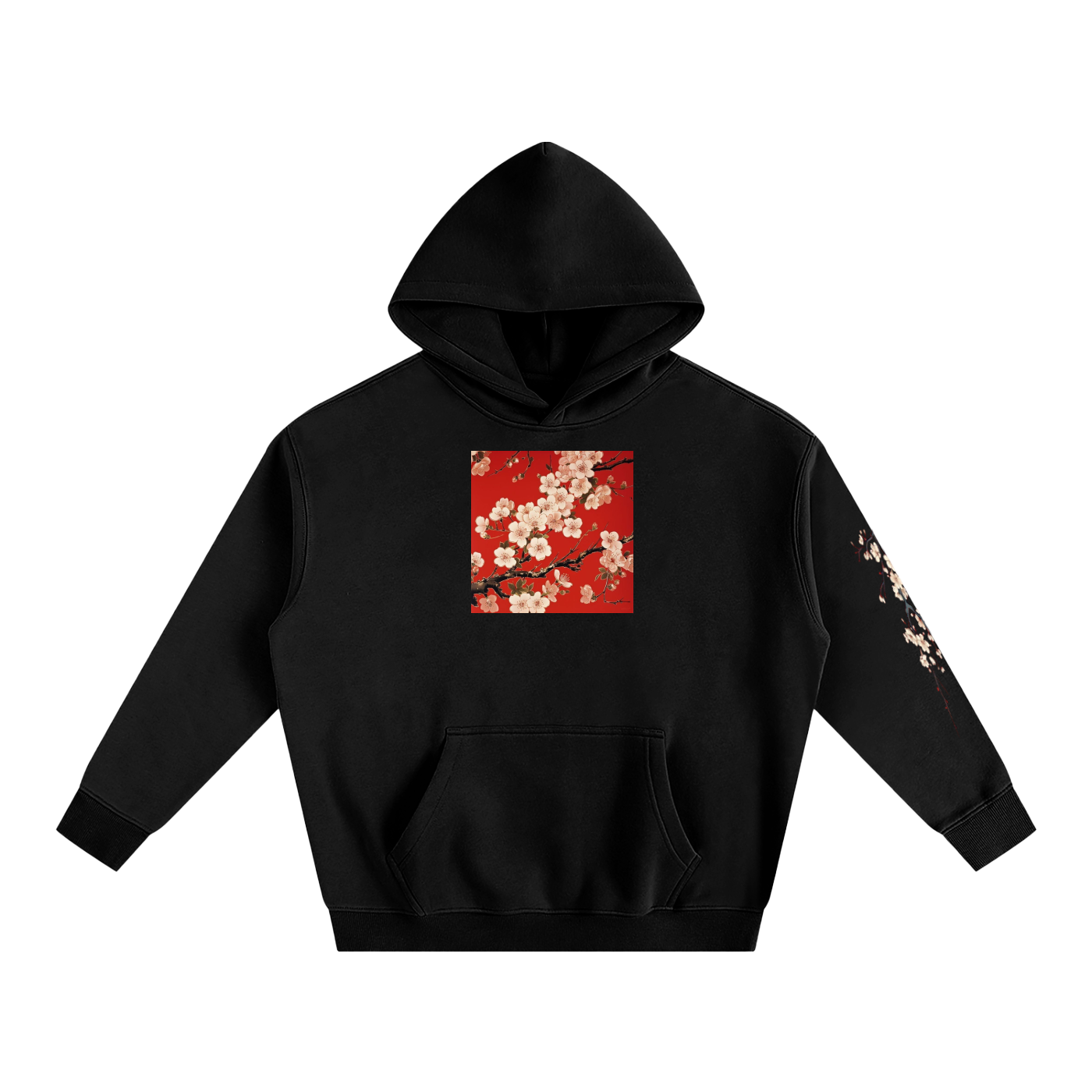 Vibrant Sakura Floral Art Black Pullover Hoodie
