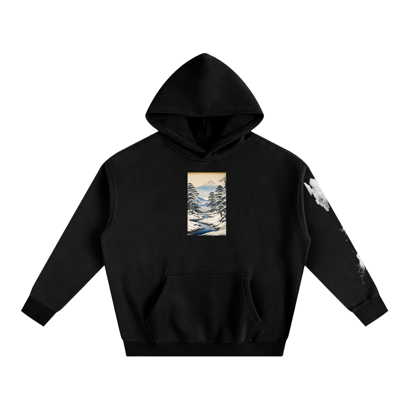 Snowy Ukiyo-e Scene Black Pullover Hoodie with Sleeve Detail
