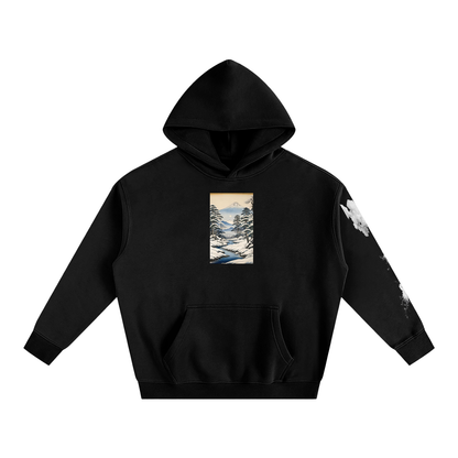 Snowy Ukiyo-e Scene Black Pullover Hoodie with Sleeve Detail