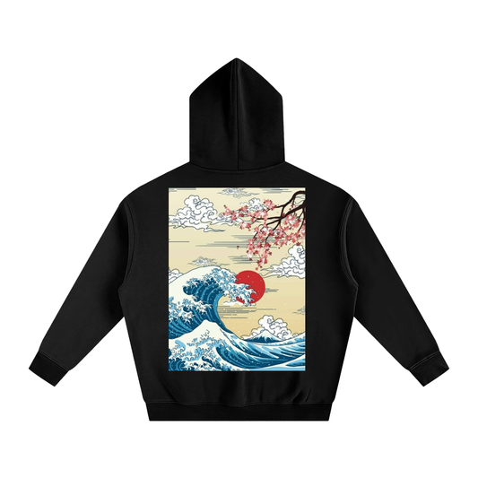 The Great Wave & Rising Sun Double-Sided Black Hoodie