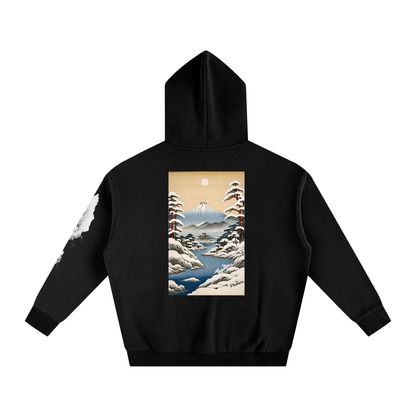 Snowy Ukiyo-e Scene Black Pullover Hoodie with Sleeve Detail